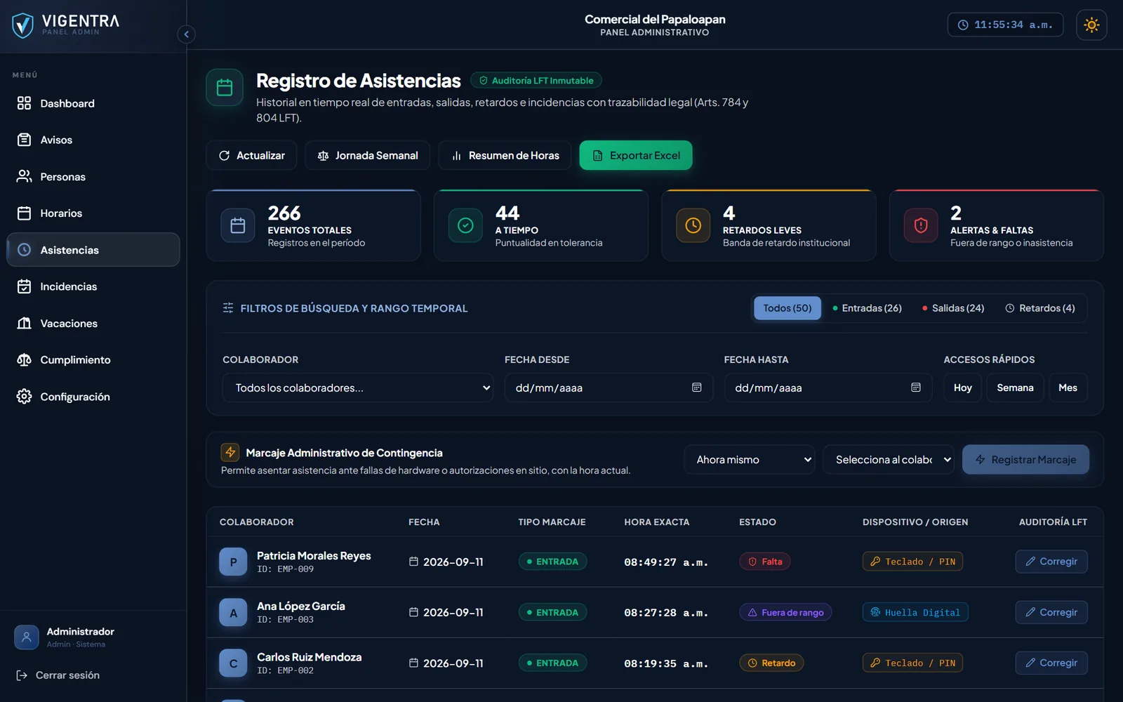 Registro de asistencias con entradas, retardos y faltas