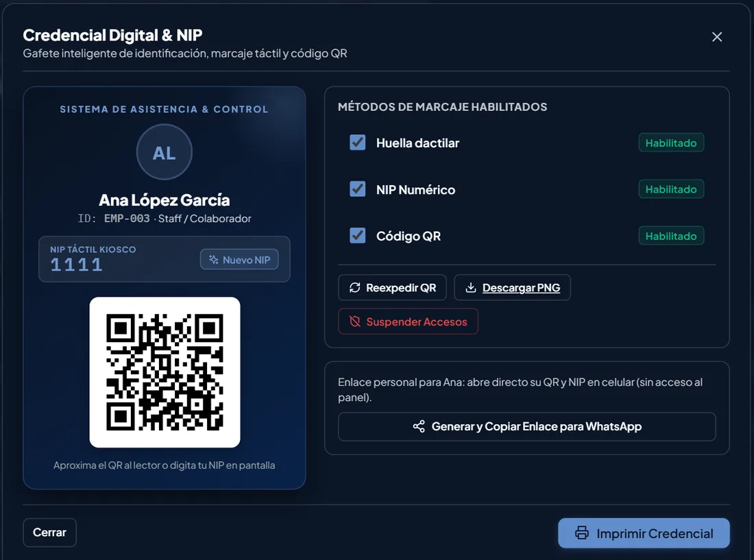Credencial digital con NIP, código QR y métodos de marcaje