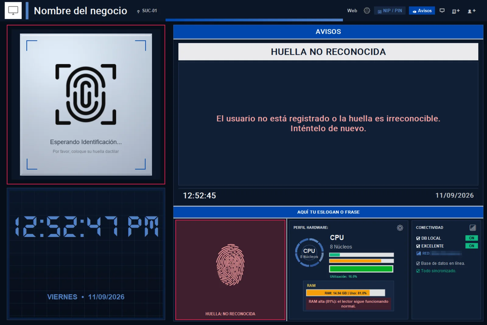 Checador avisando que la huella no fue reconocida