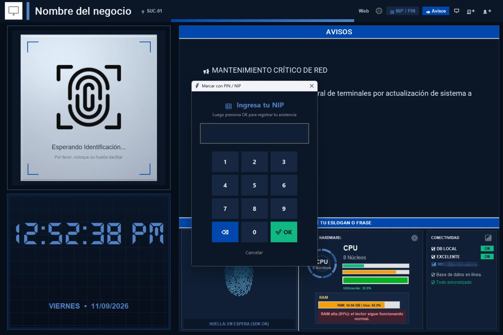 Checador con el teclado para marcar con NIP