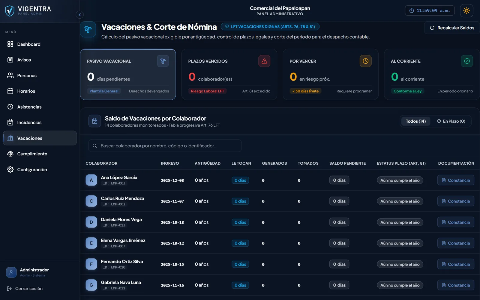 Saldo de vacaciones por antigüedad